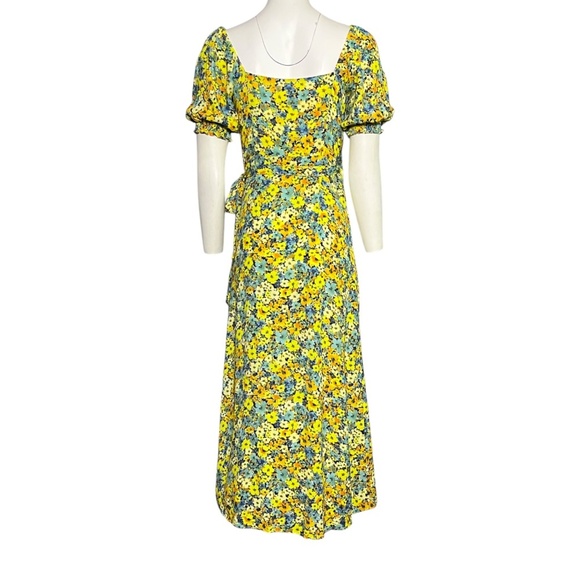 LSPACE Talia Wrap Dress in Daisy Diamond Midi Yellow Puff Sleeve Size Small - Picture 3 of 6